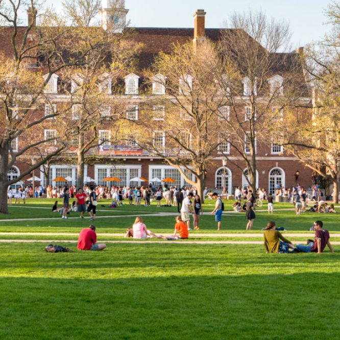 college campus with students