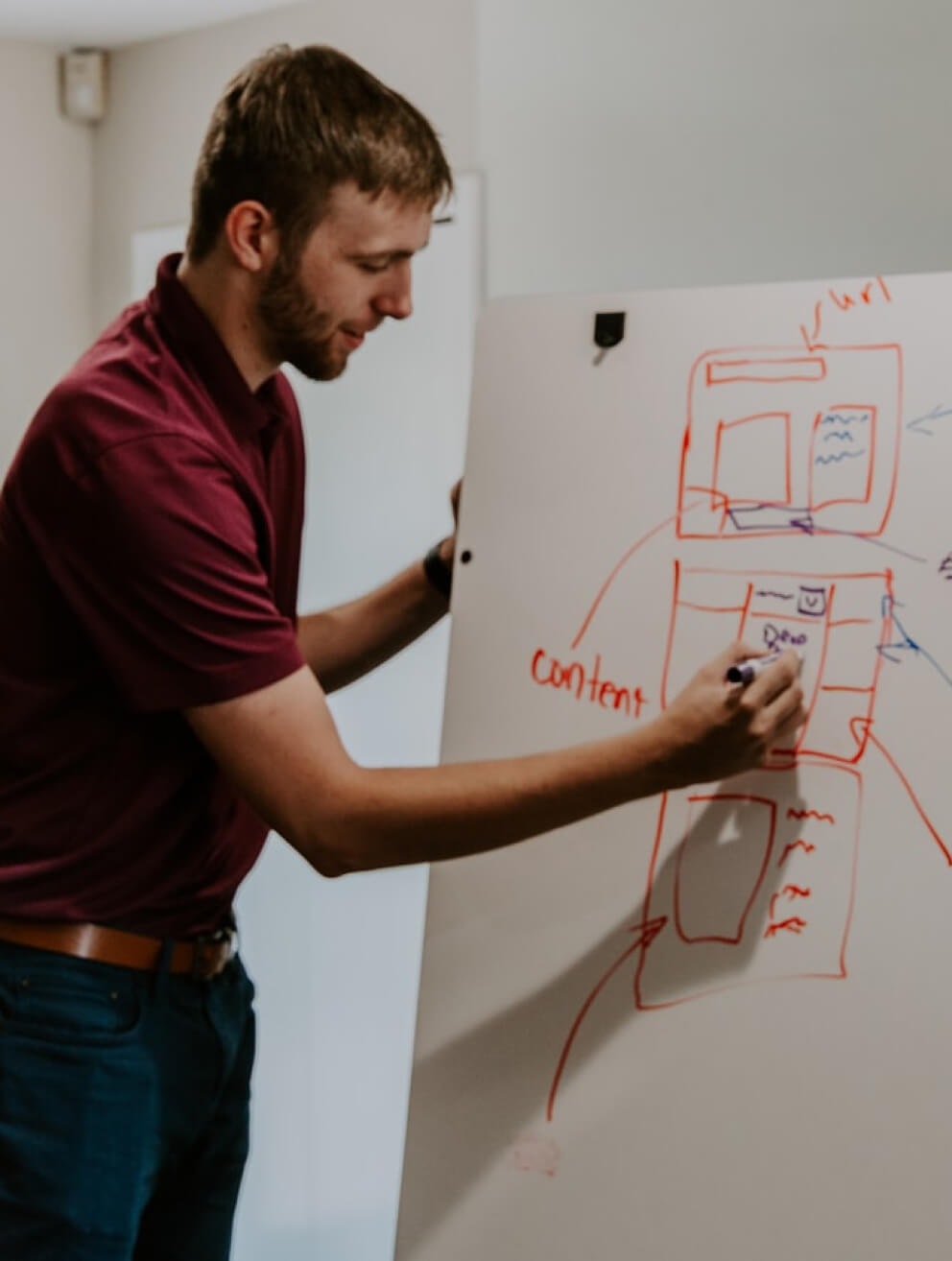 man working with a white board